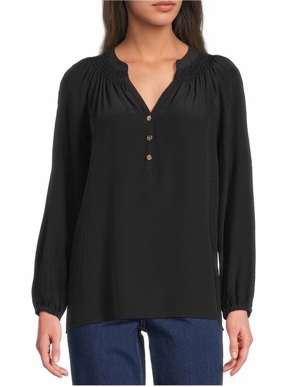 Lilly Pulitzer Elsa Silk Onyx Black Blouse Top Gold Buttons